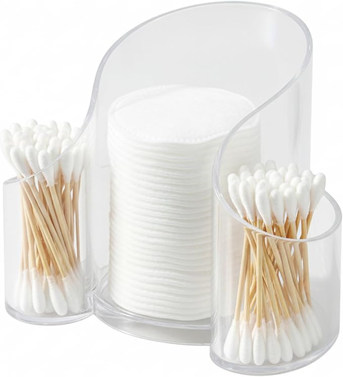 Qtip Holder & Cotton Pad Holder – Clear Open Bathroom Organizer for Vanity Accessories, Small Countertop Storage Box, Cotton Round Dispenser for Dorm & Travel