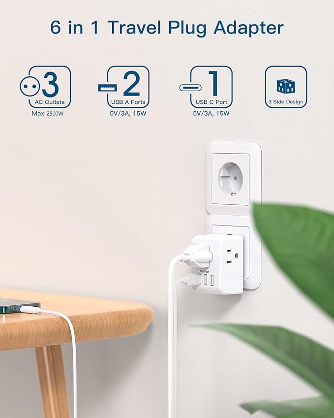 1 Pack European Travel Plug Adapter, Italy Spain Power Plug Adapter with 3 Outlets 3 USB Charging Ports (1 USB C), Type C Plug Adapter Travel Essentials to Most Europe EU Spain Italy France Germany
