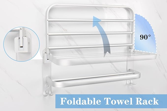 Towel Rack for Bathroom, Bath Towel Holder with Double Towel Bar and Foldable Towel Shelf, Rustproof Towel Organizer Wall Mounted Towel Storage Hanger for Bath/Balcony/Lavatory (16In Silver)