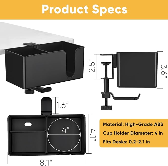 4-in-1 Clip On Desk Cup Holder - Adjustable Mountable Cup Holder with Divider & Rotating Hook - Large No Spill Clamp On Drink Holder Attachment - for Desk Chair Table Bed Tray - Black