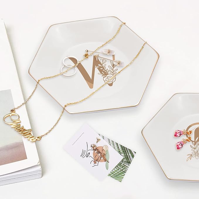 CARAKNOTS Ceramic Jewelry Tray Decorative Ring Dish for Her Birthday Engagement Christmas Gifts for Women Monogrammed Jewelry Dish for Rings Earrings Necklace Personalized Trinket Plate White Letter W