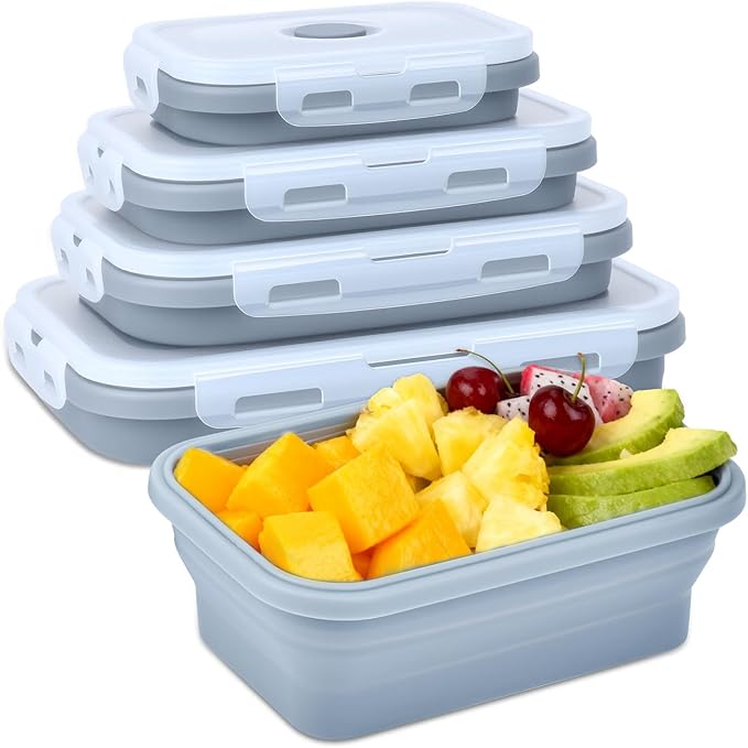 4 Set Collapsible Food Storage Containers Silicone Lunch Container with Lids Collapsible Lunch Box Food for Camper Leftovers Snacks Meals Dorm Kitchen Microwave Dishwasher and Freezer Gray