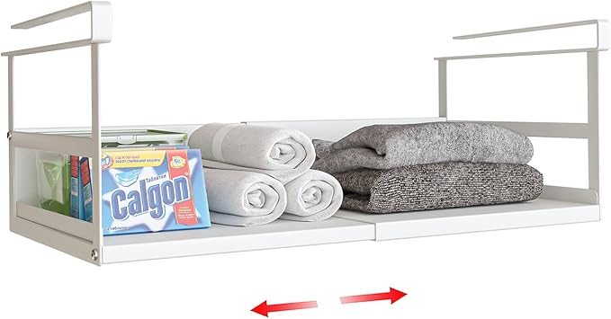 SHINEWON Expandable Under Cabinet Shelf Organizer with 0.94 Inches Thick Clips, Heavy Duty Extendable Under Shelf Storage Basket for Pantry or Laundry Room, White, 1 Pack, Interior: 5.7" H x 8.54" D