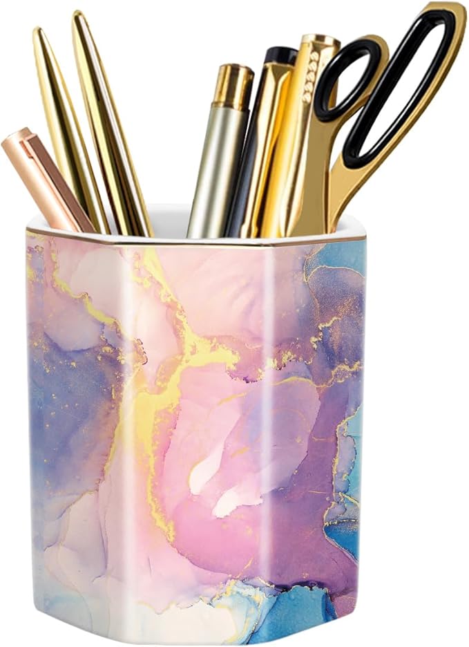WAVEYU Pen Holder for Desk, Cute Ceramic Pencil Holder, Pen Cup Marker Holder Makeup Brush Holders, Desk Accessories & Workspace Organizers for Office, Home, Gold
