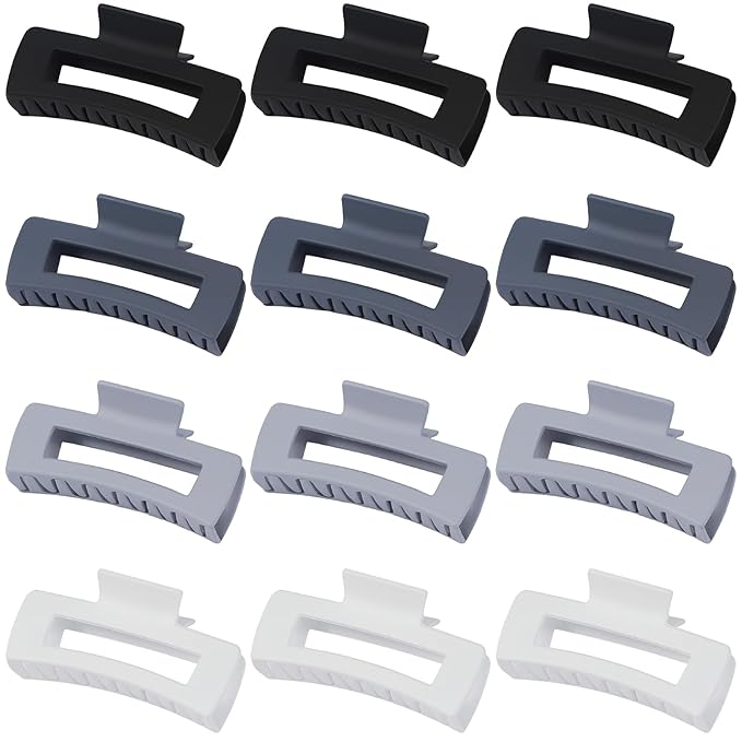 12 Pcs Large Hair Clips for Women, 4.2 Inch Square Claw Clips, Colorful Hair Claw Clips for Thick and Thin Hair, Bulk Hair Accessories for Women and Girls - Grey