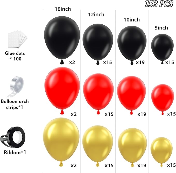 PTGOLUO 153Pcs Red and Black Gold Balloons Garland Arch Kit - 18 12 10 5 inch Different Size Black and Red Metallic Gold Balloons for Casino Anniversary Night Hollywood Movie Night Party Decorations