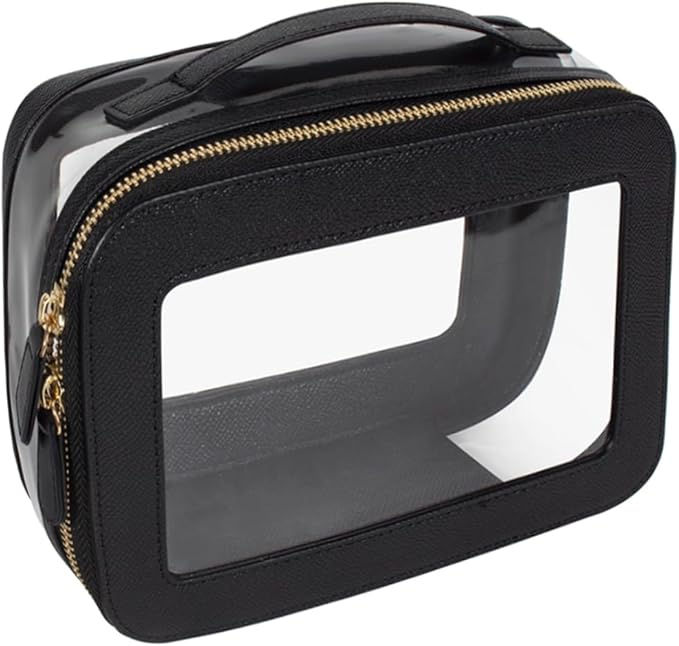 Clear Makeup Bag for Women, Small Portable Clear Makeup Bag Cute Waterproof Travel Cosmetic Case Makeup Pouch TSA Approved Toiletry Bag Women Traveling Car Organizer Car Essentials (Black, Standard)
