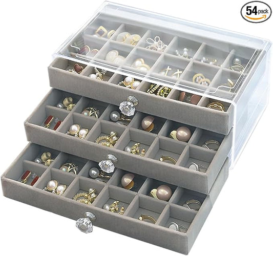 SPAKOWN Earring Box Holder Organizer Display Case, Clear Velvet Jewelry Storage Tray Organizer for Earring Ring Stud (Grey - 3 Drawers)