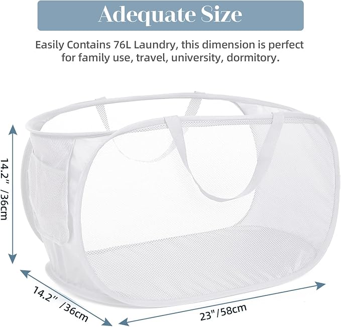 4 Pack Collapsible Laundry Baskets, Foldable Laundry Basket with Pocket, Durable Pop Up Hampers, Reinforced Handles Dirty Clothes Hamper for Laundry, Bedroom, Bathroom, Dorm, Travel or Camping White