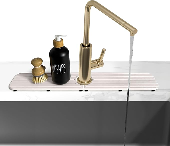 20inch x 4inch Kitchen Sink Faucet Mat, Water Absorbing Stone Faucet Splash Guard for Bathroom Counter, Quick Drying Diatomite Tray for Kitchen Sink, White