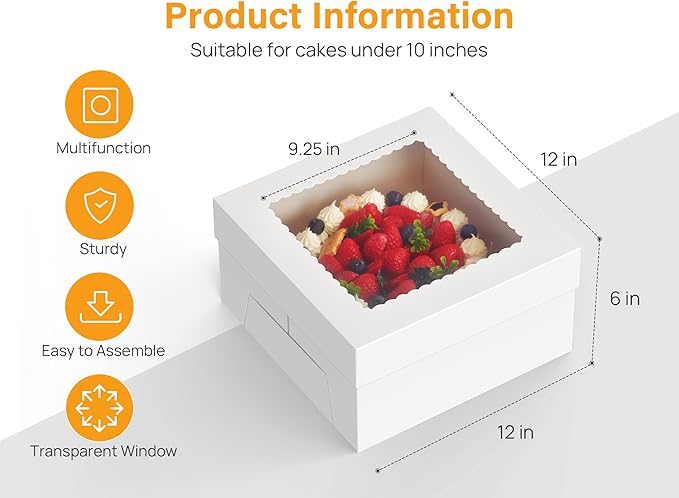 Kootek 15pcs Cake Boxes, 12x12x6 Inches Cake Box with Window, White Bakery Boxes, Large Baking Boxes, Square Cardboard Cake Box for Cakes, Baked Goods, Cake Decorating Supplies for Gift Giving