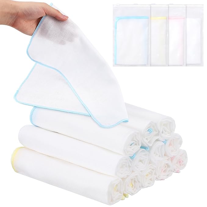 12 Pcs Individually Wrapped Facial Cleansing Muslin Cloths Travel Size Face Cotton Cloths Reusable Makeup Remover Wipes Exfoliating Muslin Washcloths for Skin Care (Multicolor)