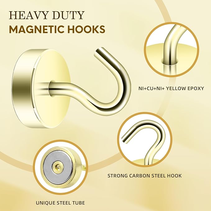 Neosmuk Magnetic Hooks, Cruise Ship Essentials, 40lb+ Heavy Duty Magnetic Hooks for Cruise Cabins, Refrigerator, Grill, Hanging, and Travel | Extra Strong Must-Haves Magnet Hook,Gold,Pack of 20
