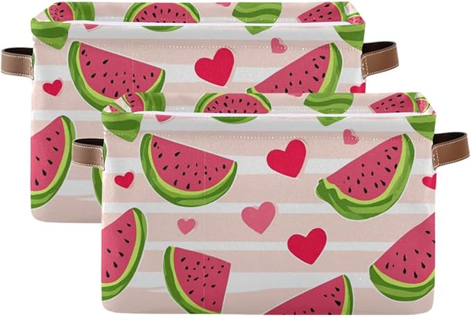 Aslsiy Storage Basket Cute Watermelon Slice Nursery Bins Stripe Baby Box Canvas Clothes Shelf Basket Laundry Hamper Gift Basket for Home Closet 2 Pcs