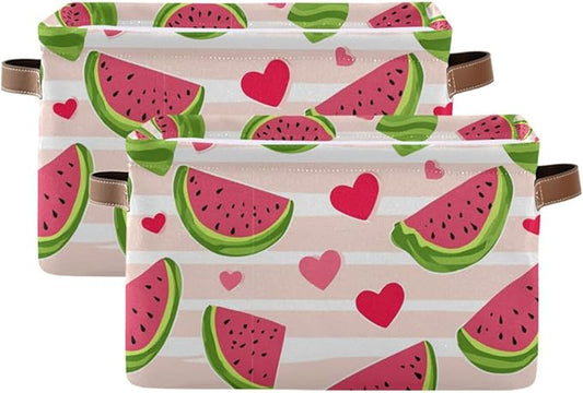Aslsiy Storage Basket Cute Watermelon Slice Nursery Bins Stripe Baby Box Canvas Clothes Shelf Basket Laundry Hamper Gift Basket for Home Closet 2 Pcs