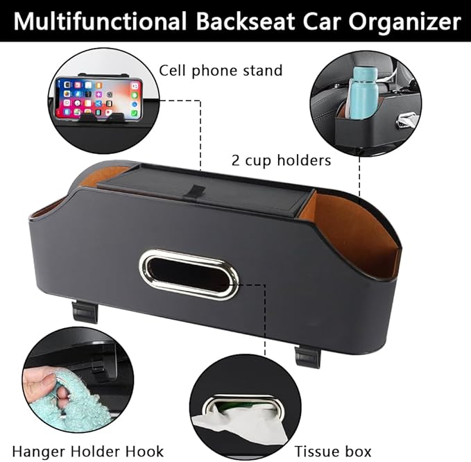 Abnaok Back Seat Car Organizer, 4-in-1 Multifunctional Car Back Seat Storage Box with Drink Cup Holder and Tissue Box, for Holding Phone, Snacks, Drinks, and Handbag