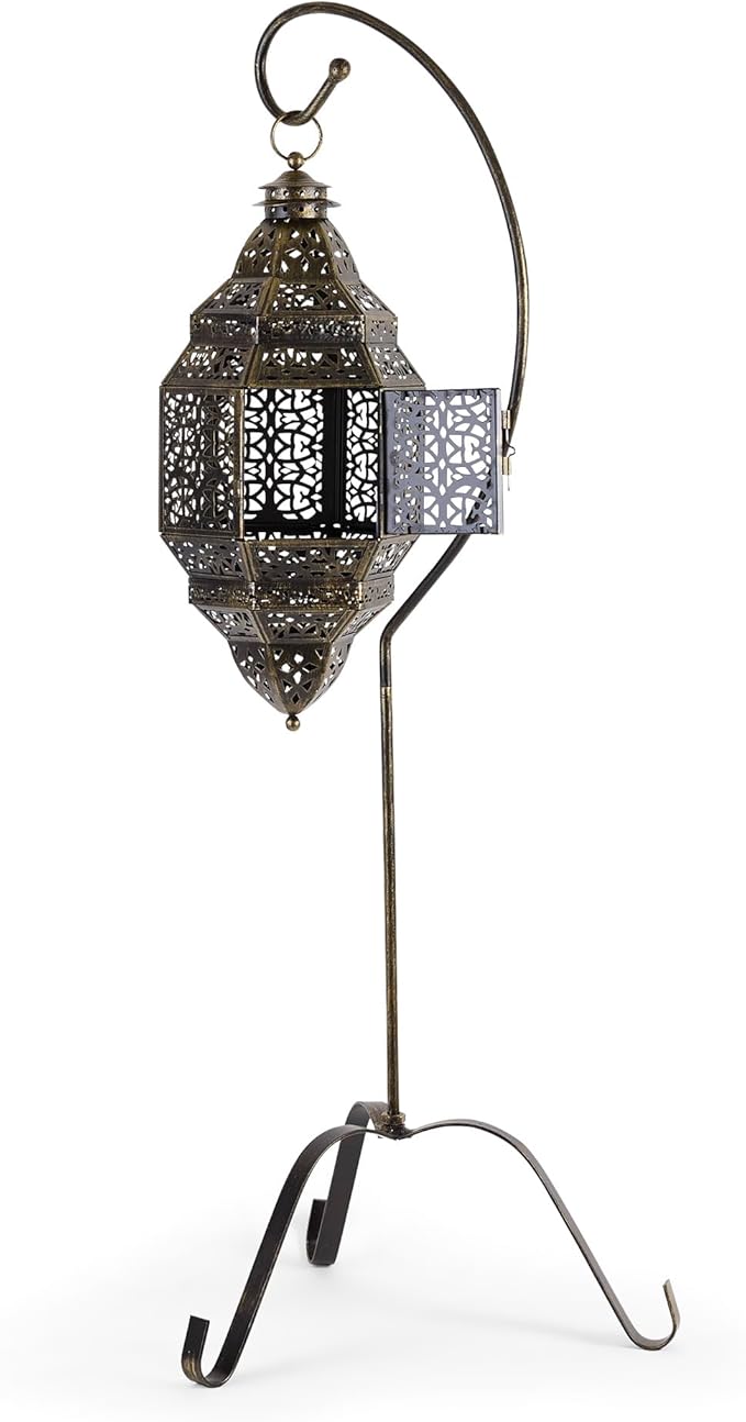 Zingz & Thingz Moroccan Style Candle Lantern Holder, Decorative Light Home Decor, Indoor & Outdoor, 41.25" Tall, Black with Stand