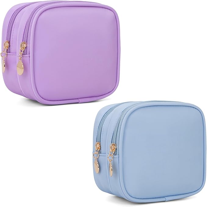 2PCS Small Makeup Pouch, Double Zipper Cosmetic Bag, Travel Makeup Bag, Cute Makeup Bag for Purse, Mini Toiletry Bag (Blue+Lilac)