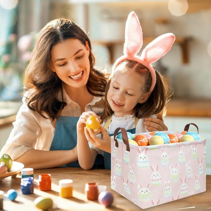 FXOLCSHE Rectangular Easter basket,Girl Easter basket,Nursery Hamper,Kids Toy Storage Basket for baby Bedroom,Kids Storage Bin,Toy Gift Organizerm,Home Decor(Pink Easter)