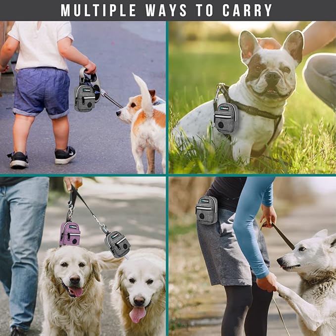 PetAmi Dog Poop Bag Holder for Leash, Dog Pet Waste Bag Dispenser For Poop With Clip, Doggy Puppy Walking Accessories Travel Camping, Dog Treat Pouch Supplies Must Have With Dog Bag Roll, Light Gray