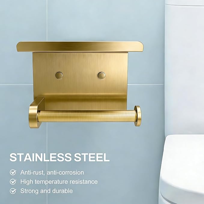 SetSail Toilet Paper Holder with Shelf Adhesive or Screw-in Bathroom Toilet Paper Roll Holders Wall Mount Gold Tissue Holder for Bathroom Hardware Accessories