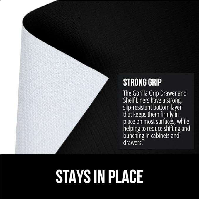 GORILLA GRIP DripGuard Shelf Liner, Non-Adhesive Drawer and Kitchen Cabinet Protector, Strong Grip Slip Resistant Underside, Smooth Surface Liners for Cabinets, Bathroom Closets, 17.5x240 Inch, Black