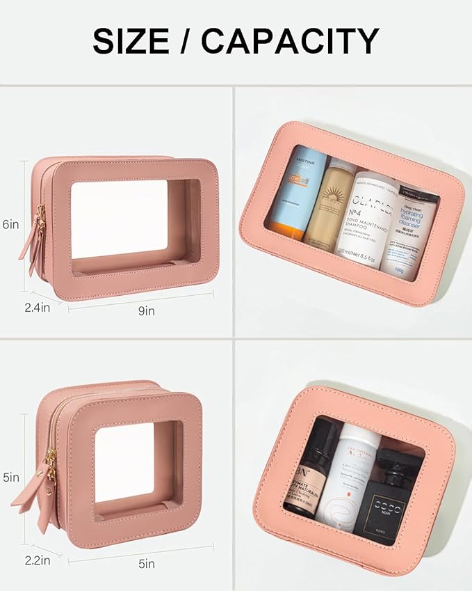 2 Pcs Travel Clear Makeup Bag Set, Clear Pink Makeup Organizer with Zipper Leather Travel Bags for Toiletries Small Cosmetic Bags for Women Mini Make up Pouch Toiletry Bags Car Essentials