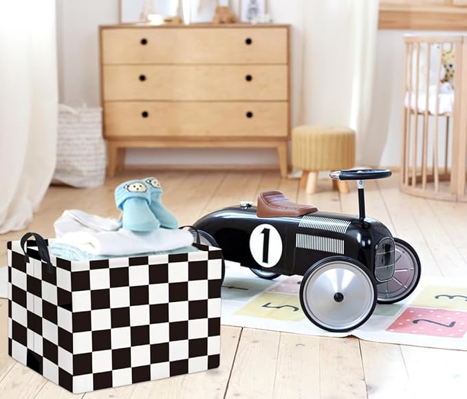 HIYAGON Rectangular Storage Bin Collapse Canvas Fabric Cartoon Storage Basket with Handles for Organizing Home Kitchen(Check)