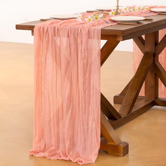 Socomi 2pcs Coral Peach Summer Cheesecloth Table Runner Boho Rustic Gauze 120 inch 10FT Cheese Cloth Sheer Runner for Wedding Party Baby Shower Birthday Home Decor Holiday Decorations