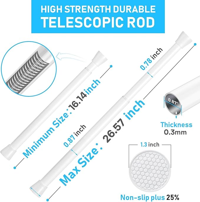 4 Pack White Tension Rod 16 To 26 Inch Adjustable Spring Tension Curtain Rods No Drilling Short Curtain Rod Extendable Small Spring Tension Rod for Closet Cupboard Bars Refrigerator