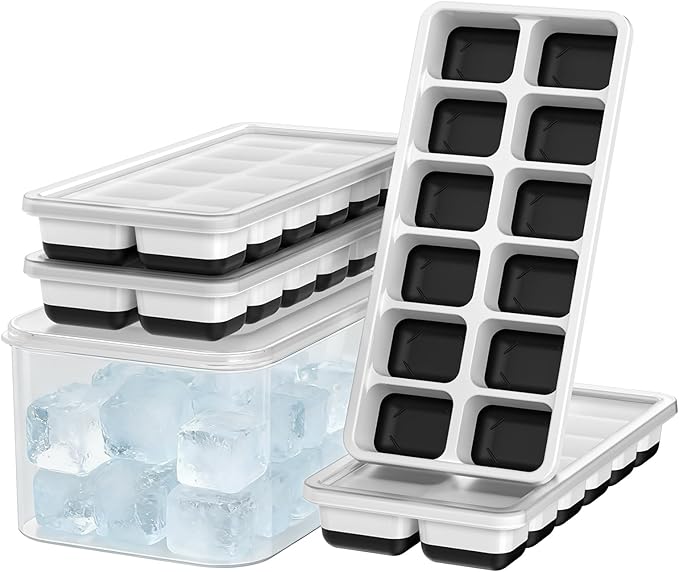 NFK Ice Cube Tray with Lid & Bin - 4 Pack 48 Cubes Stackable Silicone Trays for Freezer with Storage Container, Leak-Proof Lids, BPA-Free, Easy Release for Kitchen, RV, Party, Cocktail & Coffee