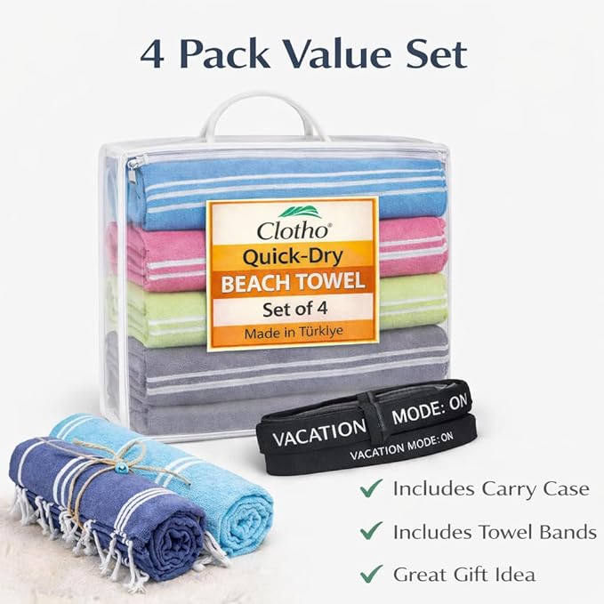 Clotho Turkish Beach Towel Set of 4 – 100% Turkish Cotton, Oversized & Quick Dry – Sand Free Lightweight Travel & Pool Towels with Chair Bands – Giftable Clear Carry Case – Made in Türkiye