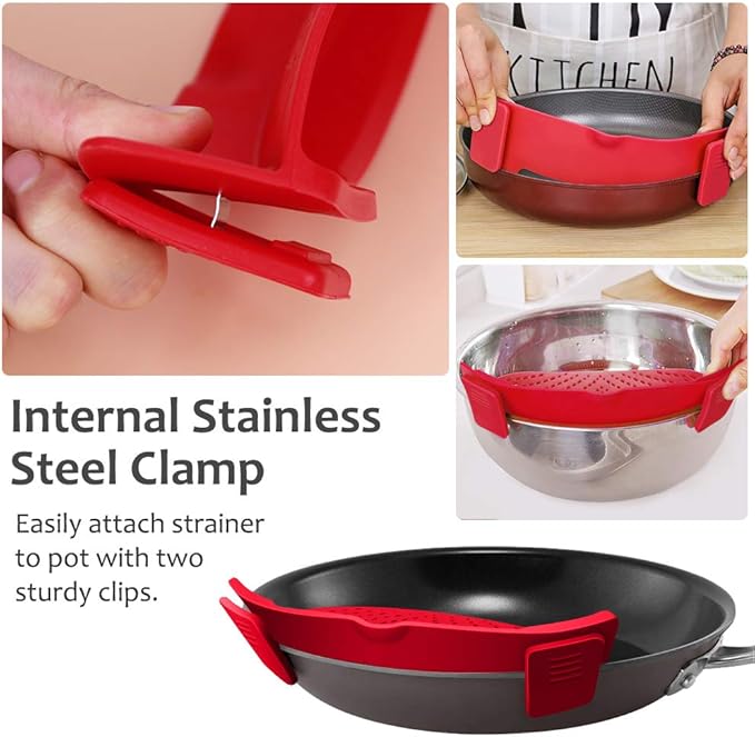 YEVIOR Clip on Strainer for Pots Pan Pasta,Silicone Food Strainer Hands-Free Pan Strainer, Clip-on Kitchen Food Strainer for Spaghetti, Pasta, Ground Beef Fits All Bowls and Pots (Red)