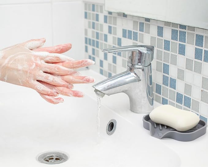 YASMEN 2 Pcs Silicone Soap Dish, Soap Holder with Drain, Sponge Holder for Kitchen Sink, Soap Dispenser Tray, Bathroom & Kitchen Sink Organizer, Rubber Soap Dishes for Bar Soap,Soap Bottles-Black/Grey