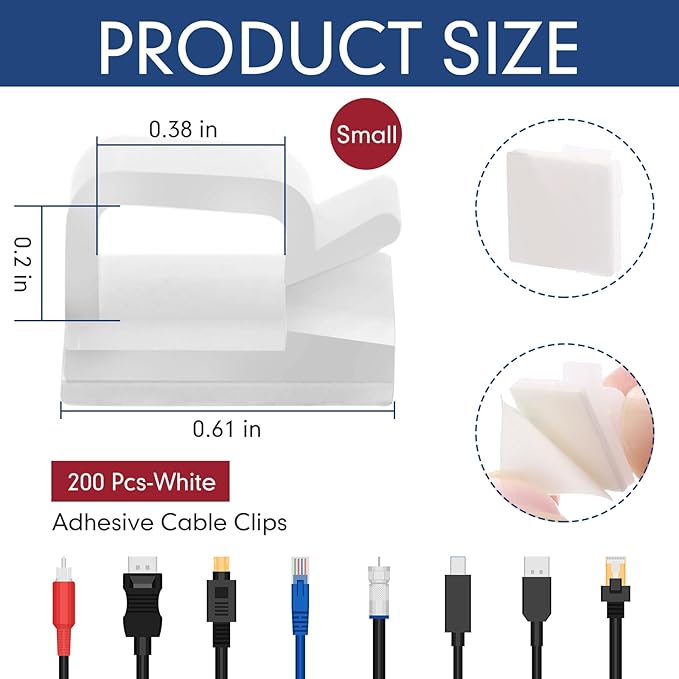 200 Pcs Outdoor Light Clips Adhesive Cable Clips for Christmas Outdoor String Lights with Adhesive Strips Patio Decor for Wall Wire Holder for Hanging Cable Management Cord Organizer (White)