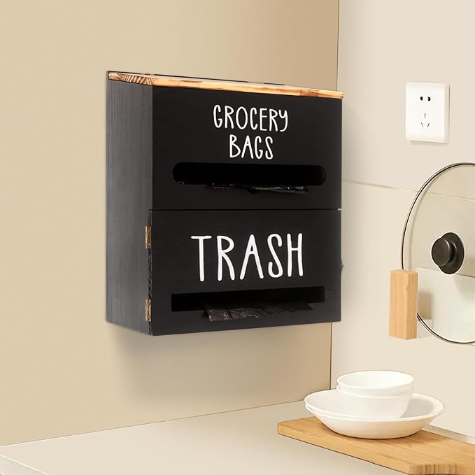 2-in-1 Trash Bag Dispenser, Double Wall-Mounted, Wood Trash Bag Holder, for kitchen, garage, laundry room, can store eco-friendly food bags and trash bags (Black)