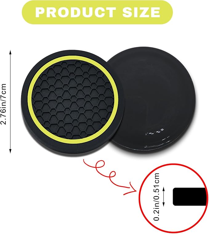 4PCS Car Cup Holder Coasters, 2.75 Inch Non-Slip Insert Cup Holder Pad, Dustproof Automotive Interior Accessories Mat, Universal for Trucks, Vehicles, RVs and More (Black/Yellow)
