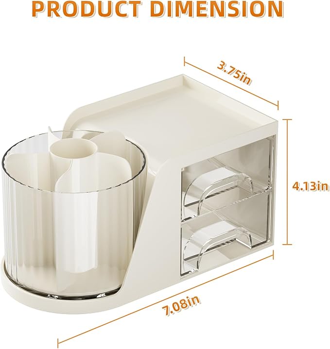 Marbrasse Desk Organizer with 2 Drawer, 360°Rotating Pen Holder, Desk Organizers and Accessories with 6 Slots Pencil Organizer + 2 Drawer, Art Supply Storage Box Caddy for Office (Beige)