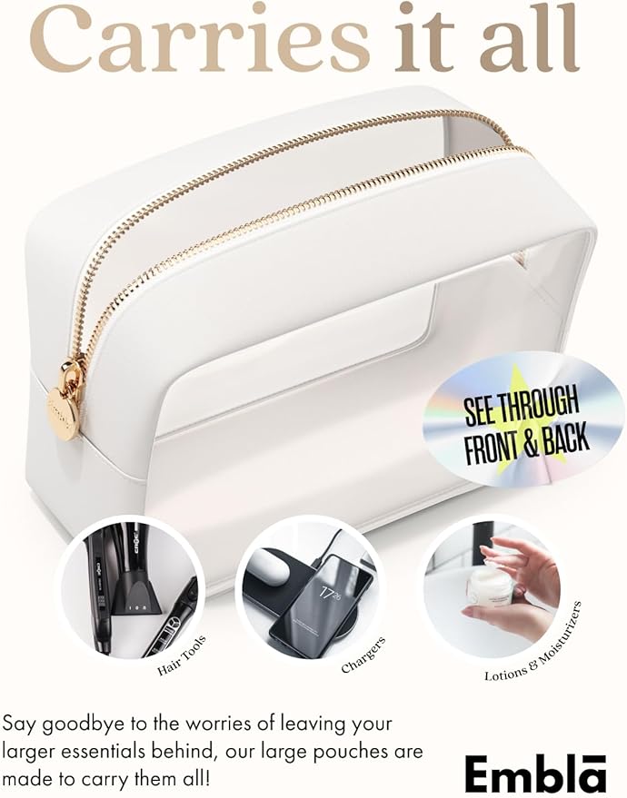 Clear Makeup Bag Zipper Pouch, Transparent Cosmetic Case Organizer, TSA Approved Travel Toiletry Case, Travel Accessories Essentials Makeup Tote for Women, Large Cute Make up Bag for Purse - White