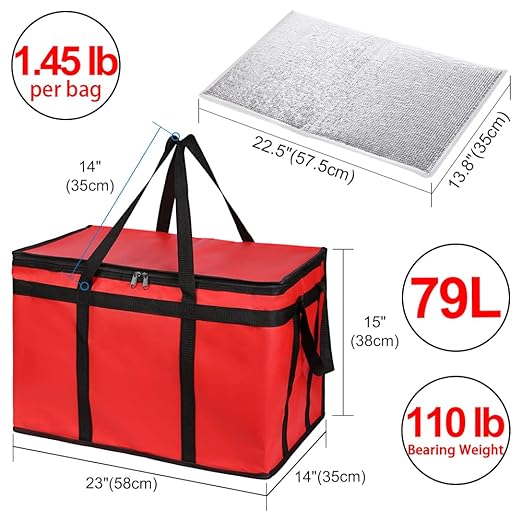 Insulated Food Delivery Bag with Hard Bottom, XXX-Large Insulated Reusable Grocery Cooler/Hot Bags, Tote Bag for Shopping/Travel, Red, 1-Pack