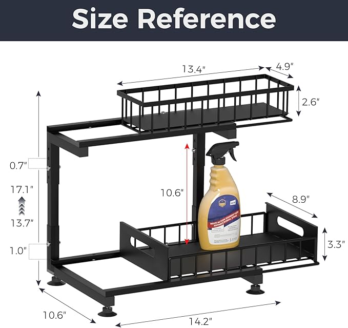 Saydear Under Sink Organizer, 2-Tier Premium Metal Pull-Out Racks with Adjustable Height, Heavy Duty Sliding Bin for Bathroom and Kitchen Cabinet Storage, Rust Resistant 2 Pack Black