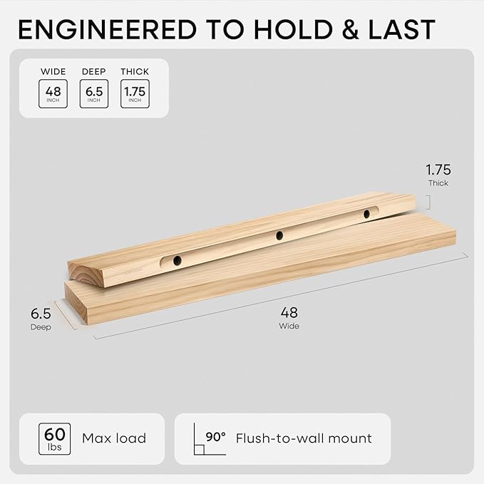 Homeforia 48 inch Natural Floating Shelf, High-End Solid Real Wood 48-inch Small Floating Shelves for Wall Mounted, Natural Wooden Floating Shelves, Heavy Duty Bracket, 48 X 6.5 X 1.75 in, Set of 3
