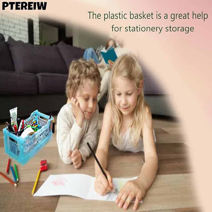 PTEREIW 4Pack Pastel Plastic Storage Crates and Baskets, Collapsible Crates for Organizing, 4L Space Saving Bins for Classroom, Kitchen, Office, Bedroom,Desk Organizer. (Mix Colors)