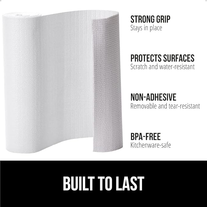 GORILLA GRIP DripGuard Shelf Liner, Non-Adhesive Drawer and Kitchen Cabinet Protector, Strong Grip Slip Resistant Underside, Smooth Surface Liners for Cabinets, Bathrooms, Closets, 12x240 Inch, White