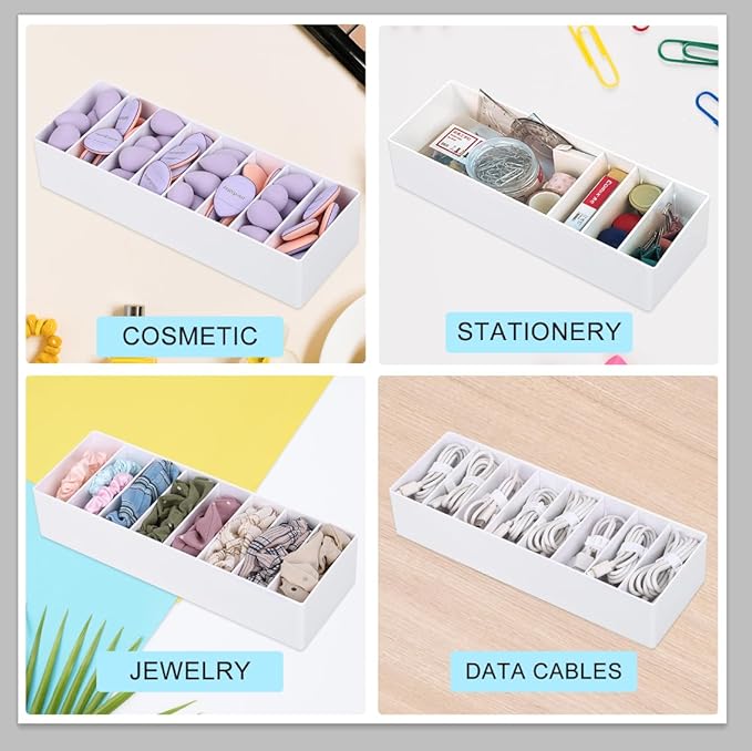 PAVSTINE White Plastic Cable Organizer Box with Adjustment Compartments, Stackable Desk Accessories Storage Case with 7 Wire Ties for Drawer Supplies, Stationery, Battery and Charger Cord Storage