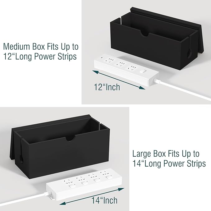 Bamboo Cable Management Box, Large Cord Organizer Box Cable Box to Hide Wires & Power Strips for Desktop Storage Cord Holder for Office Home, No Assembly Required (All Black, 2 Packs(M+L))