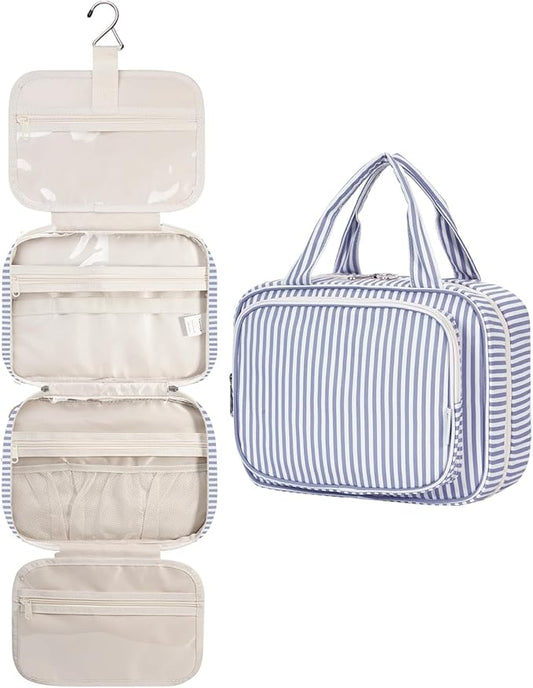 Narwey Striped Hanging Toiletry Bag for Women Travel Makeup Bag Organizer Toiletries Bag for Travel Size Essentials Accessories Cosmetics (Greyish Blue Stripe (Medium))