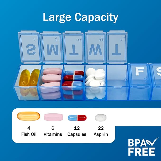Amazon Basic Care Weekly (7-Day) Pill Organizer, Vitamin Planner, and Medicine Box, Medium Compartments, Blue (Pack of 2)