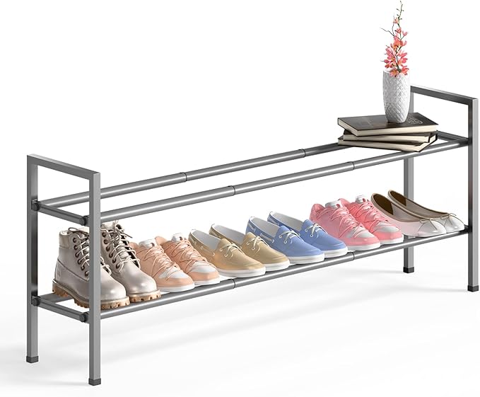 Bumusty 2-Tier Long Expandable Shoe Rack for Closet, 18"-44" Adjustable Shoe Rack for Entryway, 10-12 Pairs Large Shoe Organizer Shelf Storage, Sturdy Metal, Light Grey