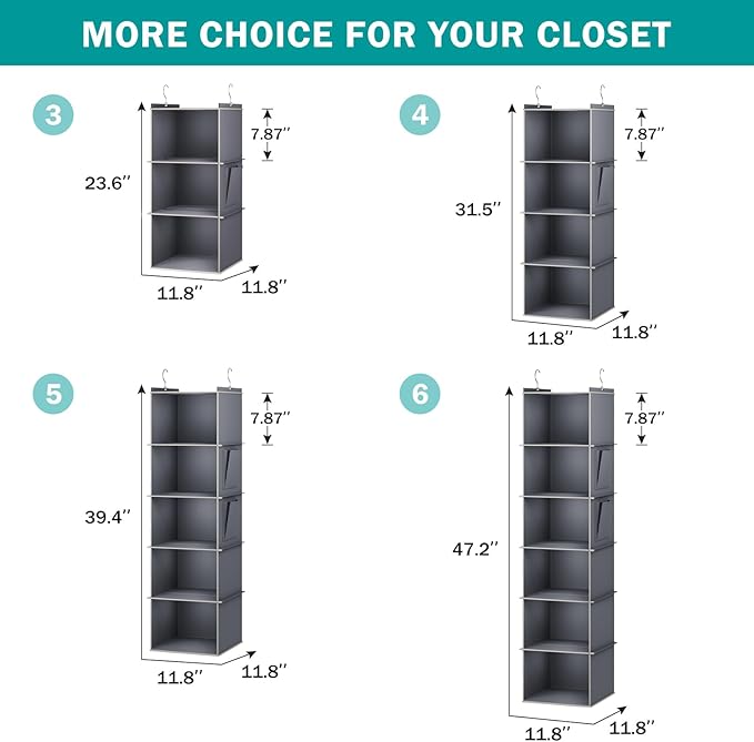 YOUDENOVA Hanging Closet Organizer, 3-Shelf Closet Hanging Storage Shelves, Grey